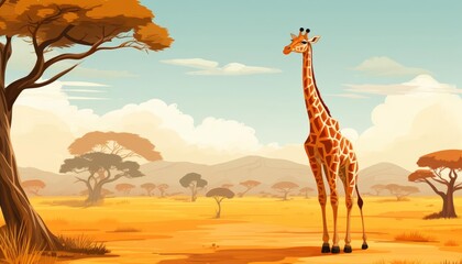 A giraffe stretching its neck gracefully flat design top view savannah cartoon drawing colored pastel