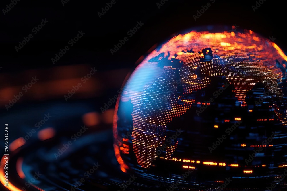 Poster a mesmerizing view of a glowing digital globe illuminated with vibrant colors, showcasing a modern r