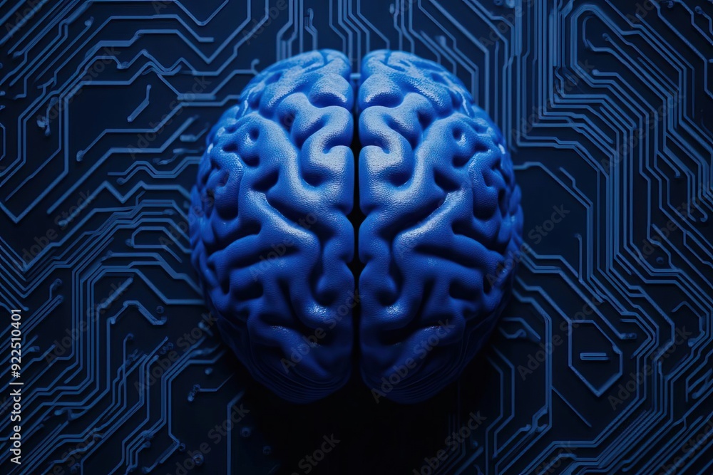 Poster a blue human brain on a circuit board background, symbolizing the connection between technology and 
