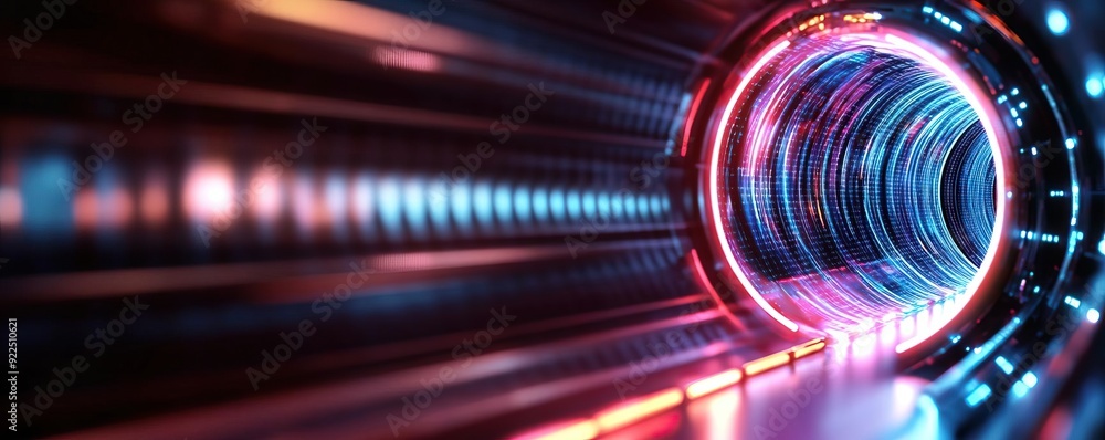 Poster a futuristic tunnel with vibrant neon lights and metallic textures, creating a mesmerizing visual ex