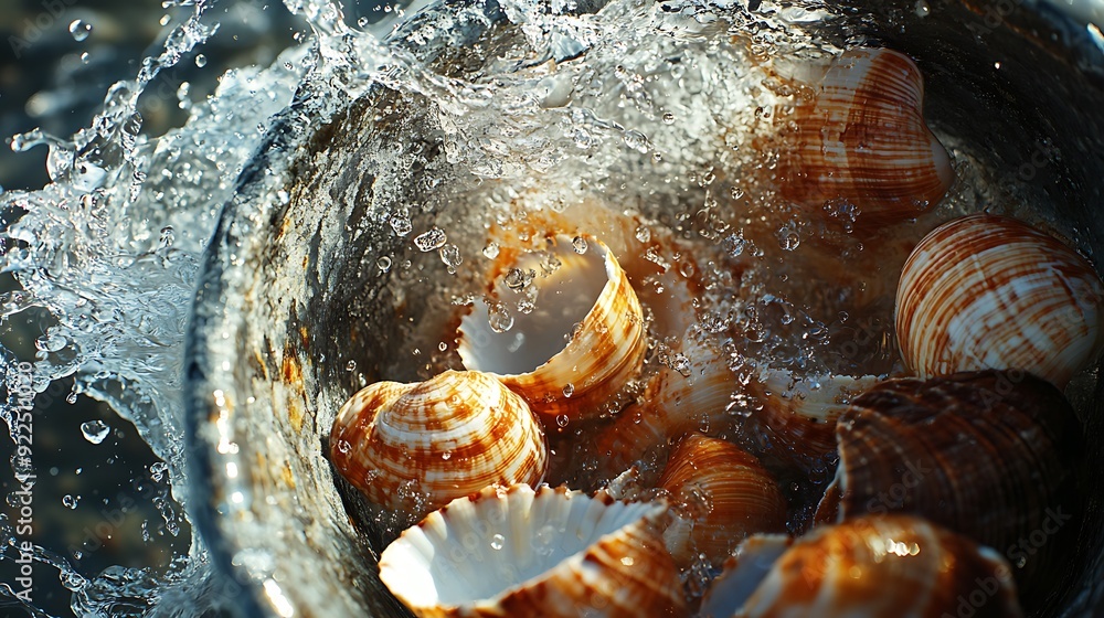 Poster seashells submerged in water with splashing bubbles