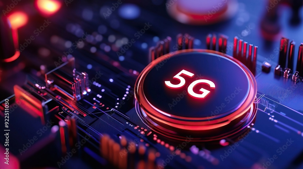 Poster close-up of a 5g microchip on a circuit board, symbolizing advanced wireless technology and high-spe