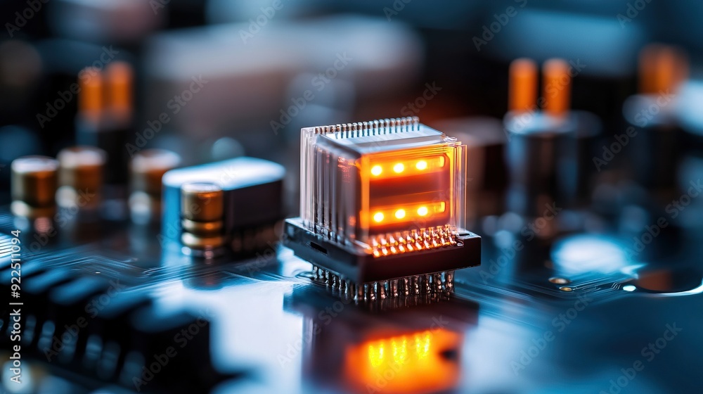 Aufkleber close-up of a modern microchip with glowing lights on a circuit board, showcasing advanced technolog