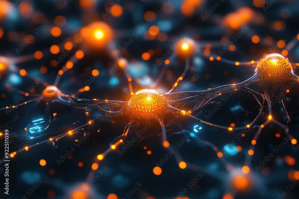 Poster close-up view of glowing neurons in a complex neural network, depicting connectivity and advanced te