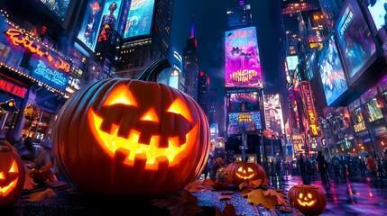 Jack-o'-lantern with a smile on the streets of Times Square Beautiful like a fairy tale in a dream.