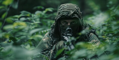 Camouflaged soldier hidden in dense forest foliage, aiming through a rifle scope, showcasing military tactics and stealth in a natural environment.