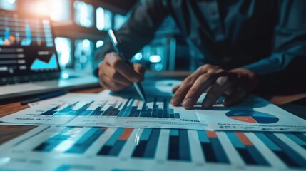 Naklejka premium Business graphs, charts and magnifying glass on table. Financial development, Banking Account, Statistics