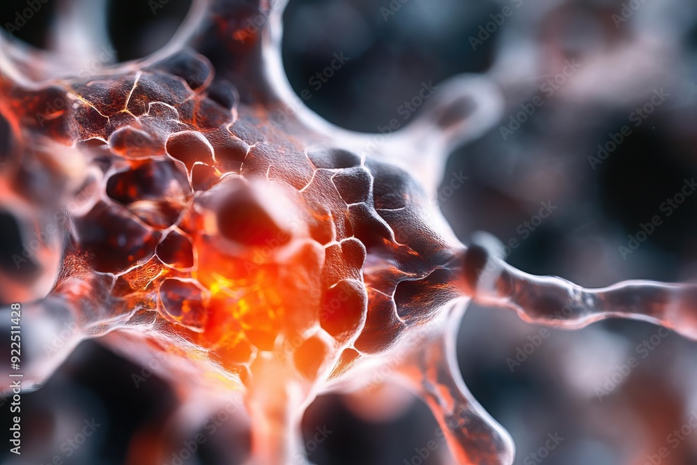 Poster close-up of a glowing cell structure, illustrating the intricacies of biological processes and cellu