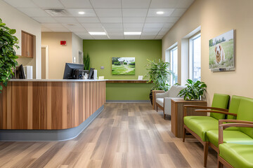 A veterinary clinic reception area with a welcoming design, featuring a wood-finished front desk, comfortable seating with green accents, indoor plants, and a clean, bright interior.