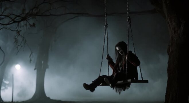 spooky scary haunted zombie on a tree swing on dark foggy night