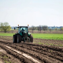 Fototapeta premium Springtime Farm Chores: A Farmer Tending the Land with a Tractor, Preparing for the Sowing Season on a Sunny Day. Agricultural Beginnings.