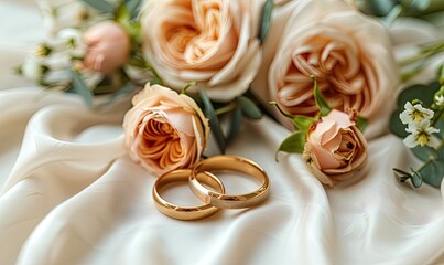 blank wedding invitations cards mockups with space for text golden rings ribbon flowers on white textile background flat lay top view.