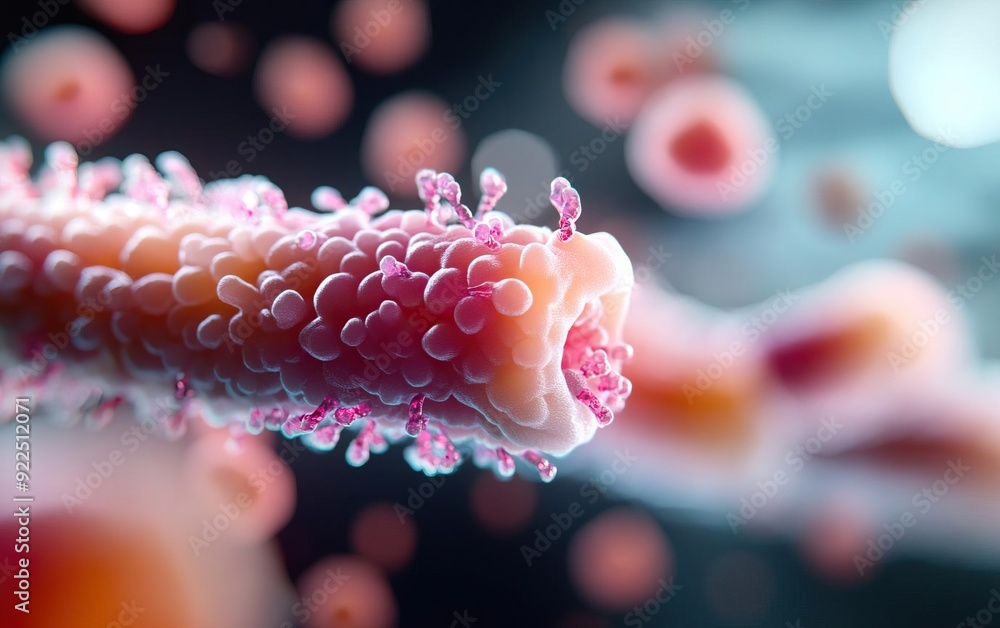 Poster a close-up view of colorful cellular structures, highlighting the intricate details of microscopic l