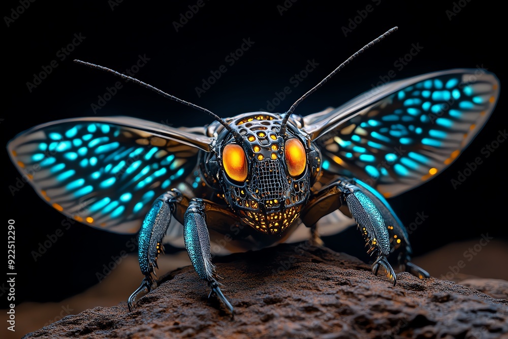 Poster close-up of a futuristic, bioluminescent insect with vibrant, glowing wings and intricate mechanical