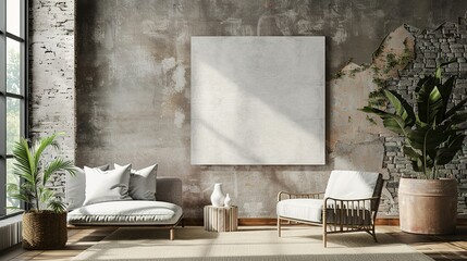 Modern living room interior with a large blank canvas hanging on a distressed wall