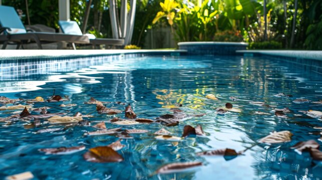 Swimming pool with coconut tree debris floating on the water