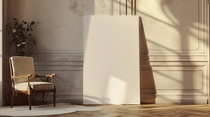White Blank Canvas with Wooden Chair in a Sunlit Room