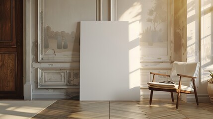 White Canvas Mockup in a Sunlit Interior Room with a Chair
