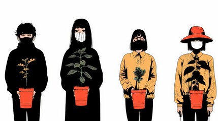 Cultivating Wellness Together - Diverse Group Engaged in Gardening for Mental Health Awareness, Realistic Illustration with Natural Colors on White Background