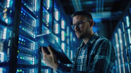 A horizontal side view shot of an IT technician working and checking system in the middle of the aisle inside a server room with rows of blue glowing network server cabinets on both sides