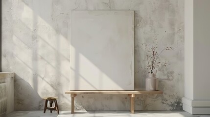 White Canvas Mockup Against Textured Wall with Wooden Bench