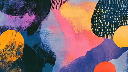 Artistic Risograph print with bold layered colors and rich textures capturing the essence of vintage printmaking techniques