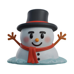 A chibi 3D Snowman with a large head, big eyes, wearing a Christmas-themed hat and scarf, with a carrot nose and coal buttons. The background is transparent.