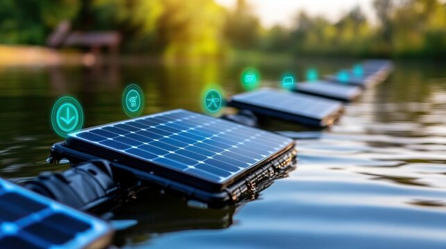 Solar panels floating on water, symbolizing renewable energy and innovation in sustainable technology for a greener future.