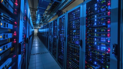 Shot of Corridor in Working Data Center Full of Rack Servers and Supercomputers with High Internet Visualisation Projection.