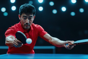An intensely focused table tennis player is poised to hit the ball, wearing a red shirt under bright indoor lights, illustrating concentration and competitive spirit.