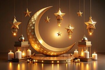 Golden crescent and lantern on ramadan greeting card. Ramazan mubarak or kareem background for arabic holiday. Al-adha and hari raya celebration. Islamic month. Religion poster. Quran theme
