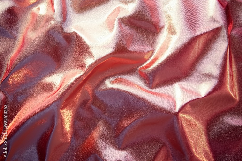 Poster sparkling red fabric draped on a surface, reflecting light with soft folds creating elegant textures