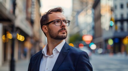 Fototapeta premium Thoughtful man in formal attire on city sidewalk