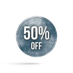 a discount badge, with circular shape, written 50%, vintage style isolated on white background