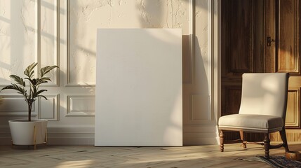 Empty White Canvas in a Room with a Chair and Plant