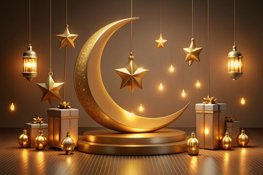 Golden crescent and lantern on ramadan greeting card. Ramazan mubarak or kareem background for arabic holiday. Al-adha and hari raya celebration. Islamic month. Religion poster. Quran theme
