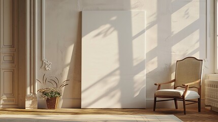 White Canvas Mockup in a Sunlit Room with a Chair