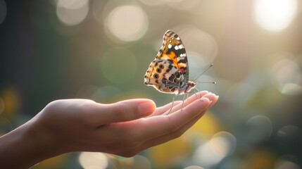 Open hand with a small butterfly landing on the palm Clear background