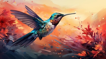 Obraz premium A hummingbird hovering delicately flat design top view flower garden cartoon drawing colored pastel