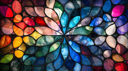 Colorful stained glass window with intricate patterns and textures