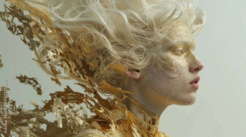 Poster a model with intricate golden designs displays a mesmerizing hairstyle, creating an ethereal aura in