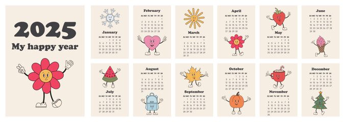 Calendar 2025 in retro groovy style. Modern monthly calendar 2025 template with cute groovy characters. Set of 12 Month. Starts on Monday. Trendy calendar for office, organizer, wall, table.