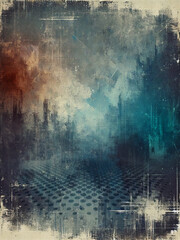 Blue Grunge Background with Abstract Cityscape. Scratches vintage texture with canvas overlay