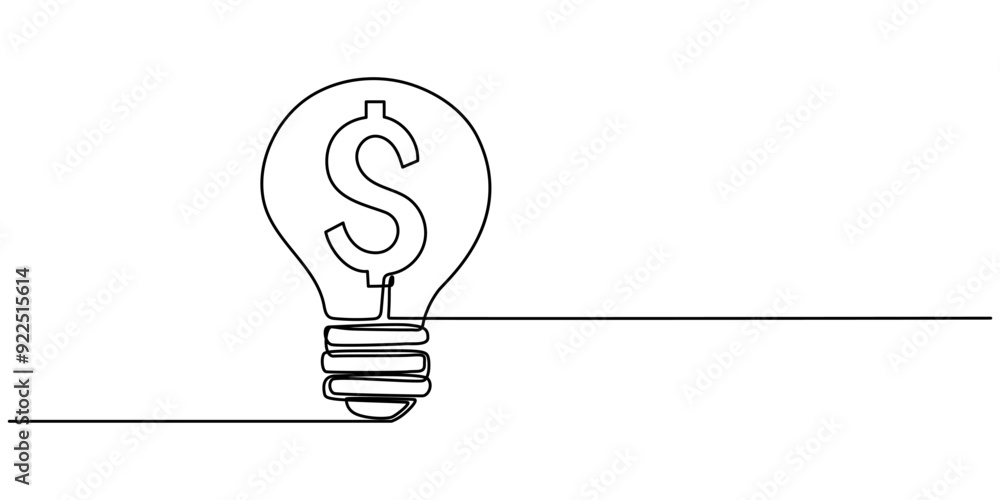 Poster single one line drawing bulb with dollar sign. financial technology concept. continuous line draw de