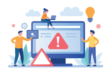 Tiny people examining operating system error warning on web page isolated flat illustration.