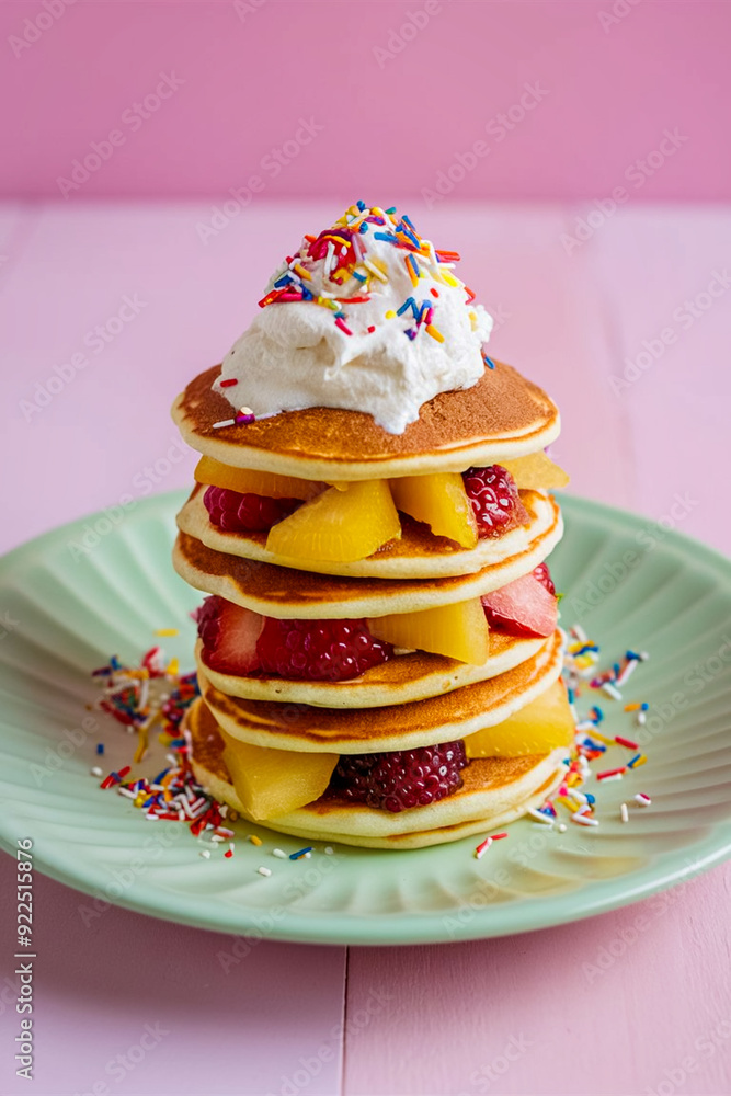 Poster Mini pancakes stacked like a tower with layers of fruit slices between each pancake topped with whipped cream and rainbow sprinkles on a plate
