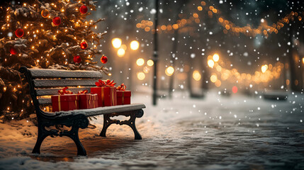 Decoration with a bench and christmas tree with red and golden garlands