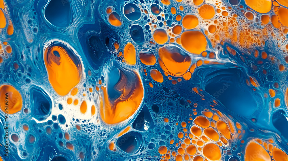 Poster vibrant abstract art featuring blue and orange fluid patterns with intricate bubbles and swirls