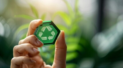 A hand holding a green badge labeled carbon credits
