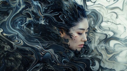 A young woman gazes thoughtfully as swirling black and white patterns envelop her, creating a calming atmosphere around her
